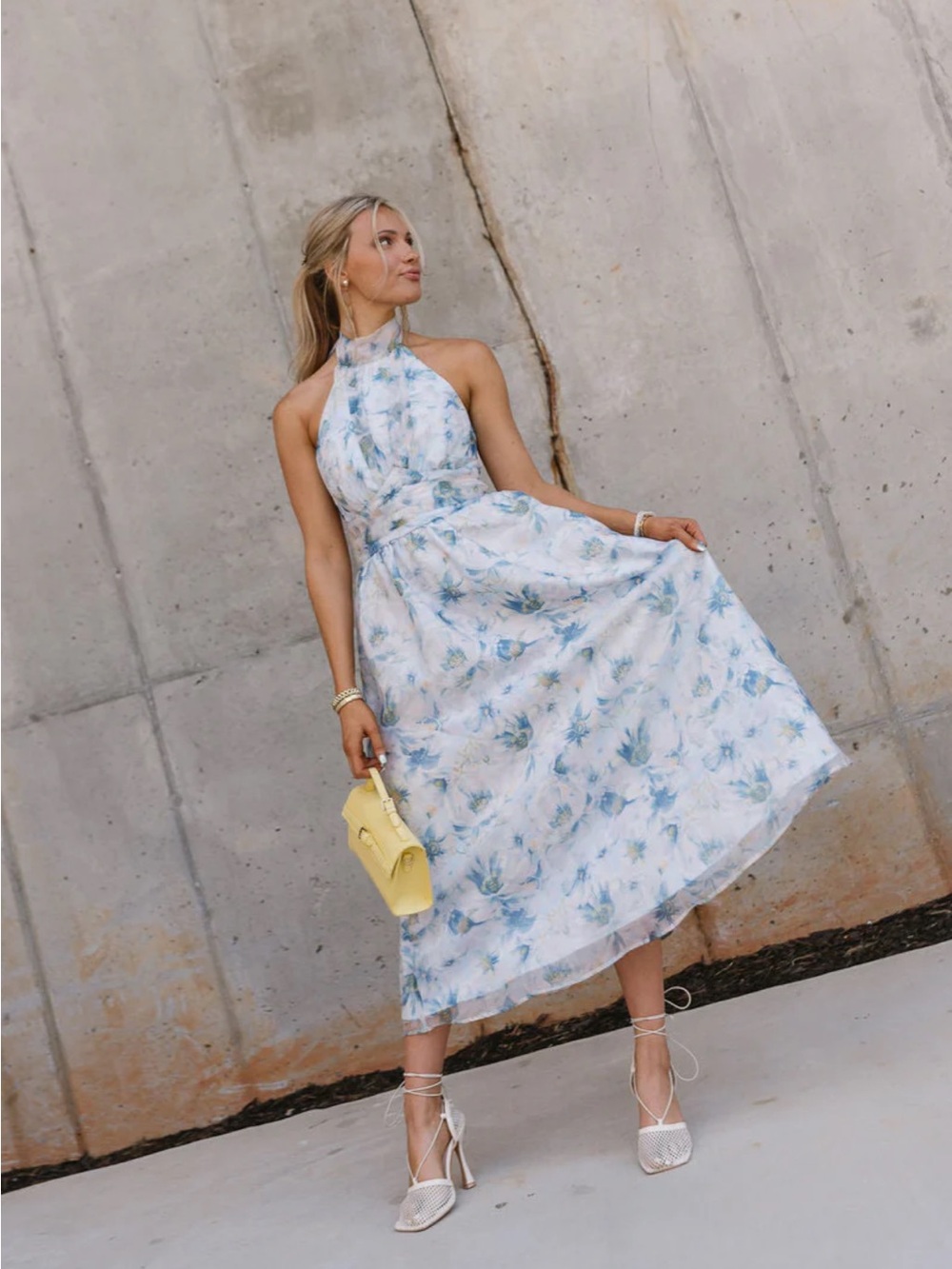 Halter Neck Blue Floral Midi Dress - Women